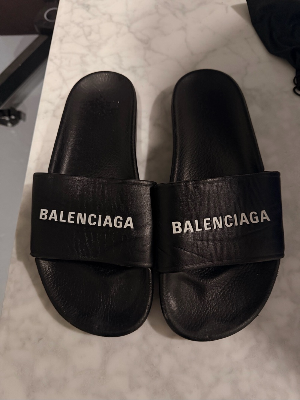 Balenciaga Black Leather Logo Slide Sandals